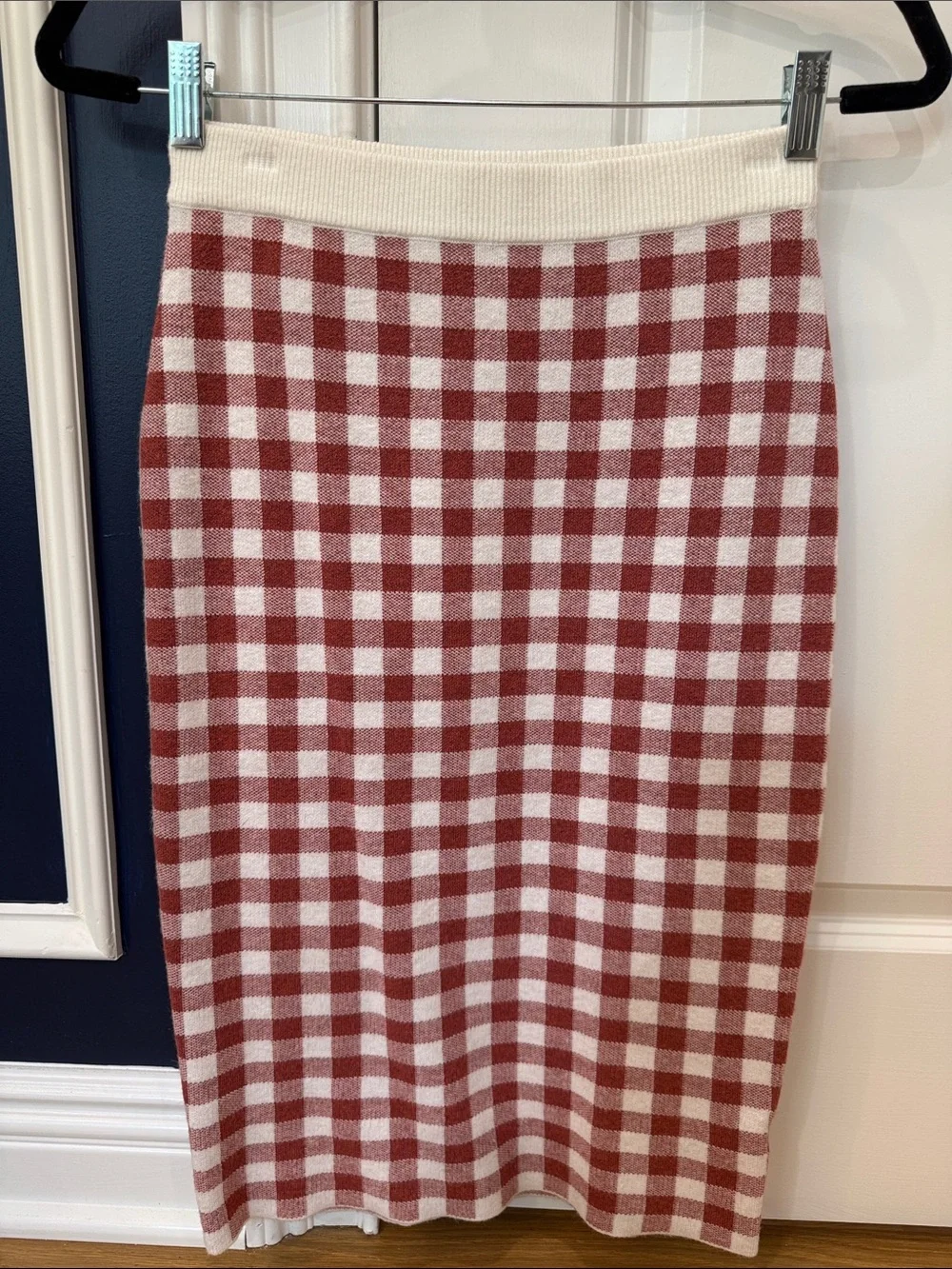 English Factory Cream and Rust Red Gingham Knit Pencil Skirt